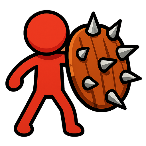 Red stickman with a big wooden shield full of spikes.
In-Game asset.  2d.  High contrast.  No shadows