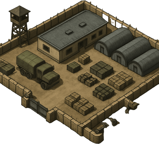 Askeri karakol, üstten görünüm, gerçekçi, yazısız.
In-Game asset.  High contrast.  No shadows