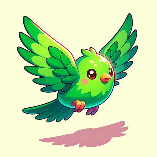 A happy little green bird flying..
Single Game Texture. In-Game asset. 2d. Blank background. High contrast. No shadows.