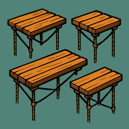 Tarimas con cuerdas tensadas flotando debajo..
In-Game asset.  2d.  High contrast.  No shadows