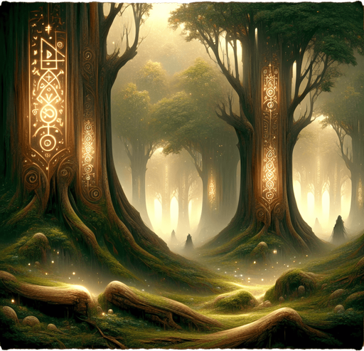 Backdrop: An ancient, mystical forest with glowing runes etched into massive tree trunks.

Colors: Earthy greens and browns with soft golden accents.

Details: Misty ambiance with faint ethereal figures in the background..
Single Game Texture. In-Game asset. 2d. Blank background. High contrast. No shadows.