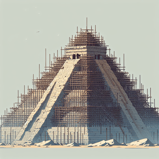 An animated image of an unfinished pyramid, with a label 'The building of the Pyramids of Giza.
Single Game Texture. In-Game asset. 2d. Blank background. High contrast. No shadows.