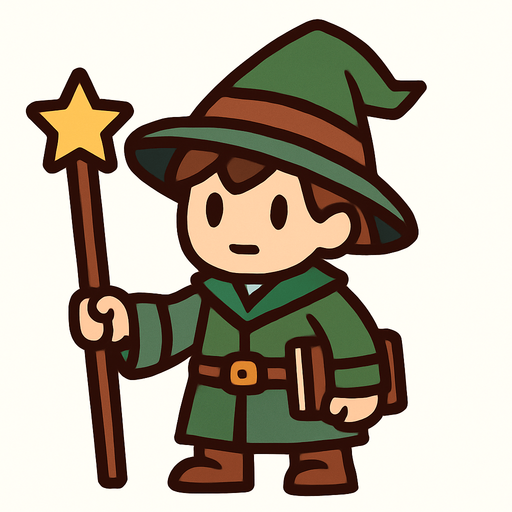 Mago principiante con sombrero verde y marrón.
In-Game asset.  2d.  High contrast.  No shadows