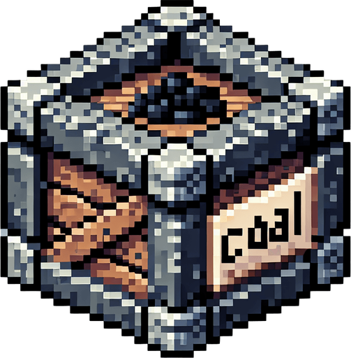 pixel art of a crate made of stone with a label of coal on the side, flat side view. Single Game Texture. In-Game asset. 2d. Blank background. High contrast. No shadows.