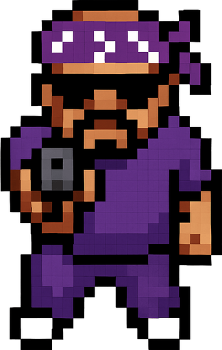 pandillero de morado hecho con pixeles con perspectiva desde arriba visto de frente apuntando hacia enfrente con un arma
In-Game asset.  2d.  High contrast.  No shadows