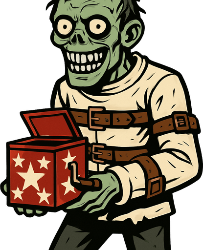 Zombi a cuerpo completo de piel verdosa y pálida, con cabello desordenado y ojos saltones, viste una camisa de fuerza con correas de cuero alrededor de sus brazos y torso. sostiene una caja de sorpresas roja y blanca con estrellas, que tiene una manivela en un lado. Su expresión es de una sonrisa macabra.
In-Game asset.  2d.  High contrast.  No shadows