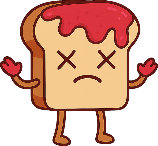 Bread with feet and hands with jam on top and it's dead. No background. Transparent background. Blank background. No shadows. 2d. In-Game asset. flat