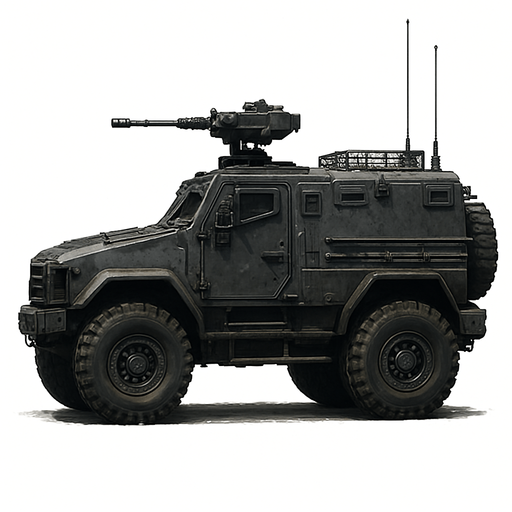 Zırhlı savaş arabası, gerçekçi, yazısız, yandan görümüm.
In-Game asset.  High contrast.  No shadows