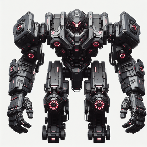 Overhead view. A heavily armored attack robot. Two arms with large gauntlet type fists. Four large red glowing eyes. Three distinct parts, body and two arms. Symmetrical design. Birds Eye view above them looking down on their head. Simple shapes. Low detail. Cyberpunk, black with red glowing highlights..
Single Game Texture. In-Game asset. 2d. Blank background. High contrast. No shadows.