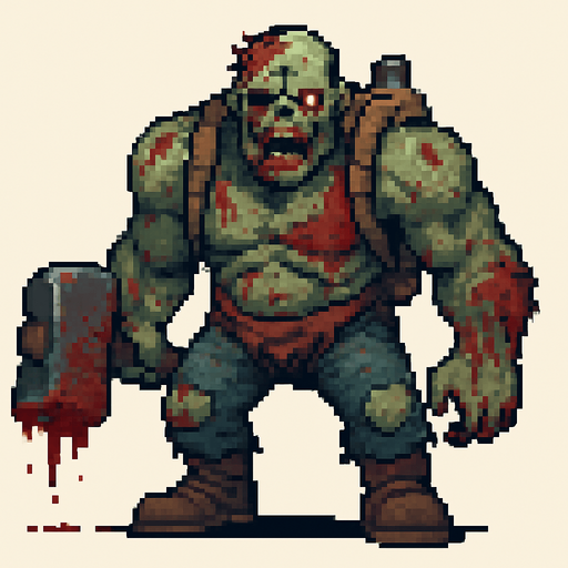 Post Apocalyptic boss zombie pixel art less pixel.
In-Game asset.  2d.  High contrast.  No shadows