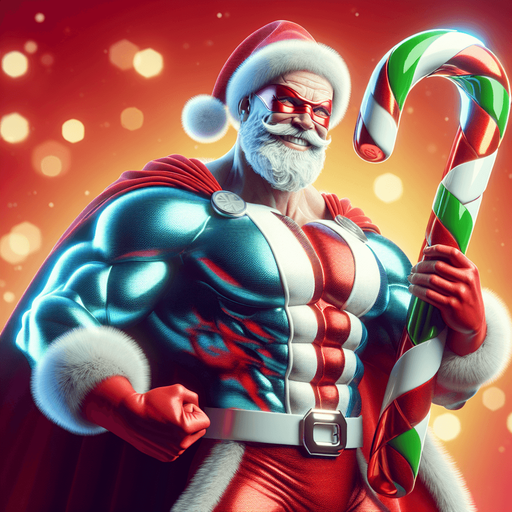 A old super hero Santa Claus holding a candy cane in his hand High contrast.