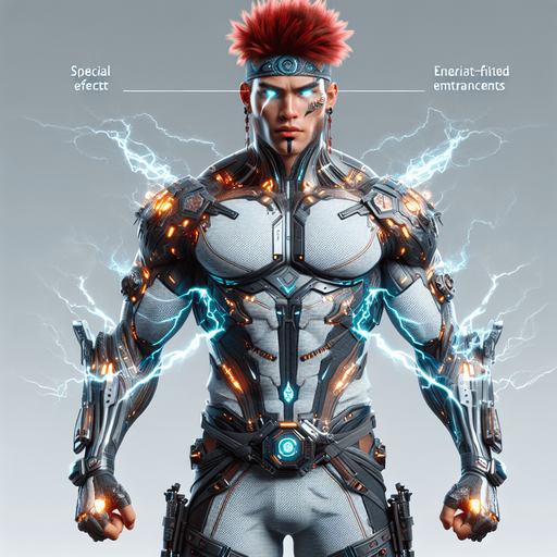 1. Appearance and Build:
Body Type: Athletic, muscular, slender, or bulky.
Height and Proportions: Tall and imposing, average, or short and agile.
2. Outfit:
Style: Modern, traditional, futuristic, or fantasy-inspired.
Details: Armor, casual clothes, martial arts gi, cybernetic enhancements, or tribal attire.
Accessories: Belts, gloves, headbands, jewelry, or tech gadgets.
3. Face and Hair:
Expression: Serious, confident, aggressive, or calm.
Hair: Short, long, spiky, braided, or tied in a ponytail. Specify color and texture (e.g., fiery red, silky black, or platinum blonde).
Facial Features: Scars, tattoos, or unique marks.
4. Weapons and Tools:
Describe any weapons, like swords, nunchaku, guns, or energy-based tools.
Mention how the character wields or carries these items.
5. Special Effects:
Glowing eyes, a fiery aura, electricity coursing through their body, or smoke emanating from their feet.
Unique powers visually represented (e.g., ice shards, flames, or magical sigils).
6. Pers.
Single Game Texture. In-Game asset. 2d. Blank background. High contrast. No shadows.