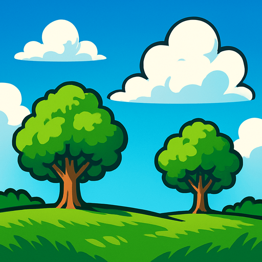 mavi gökyüzü beyaz bulutlar ve yeşil bir çimenlik ve  2 adet ağaç.
In-Game asset.  2d.  High contrast.  No shadows