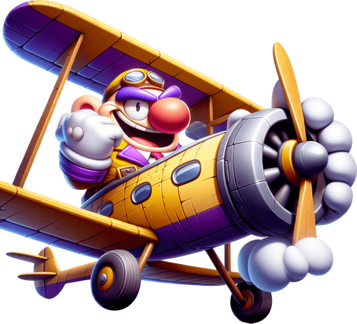 Wario flying an aeroplane.
Single Game Texture.  In-Game asset.  2d.  Blank background.  High contrast.  No shadows