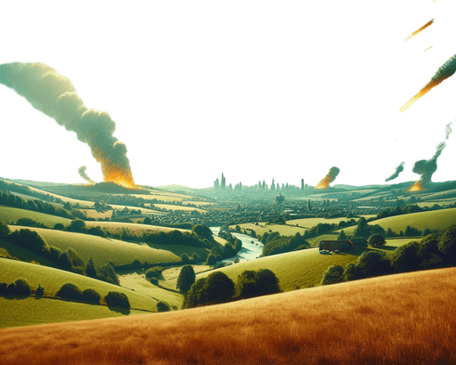 sunny day, hilly landscape. there is an alien invasion taking place in the distance. cities burning.