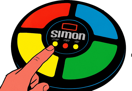 80s or 90s style simon game advertisement.
In-Game asset.  2d.  High contrast.  No shadows