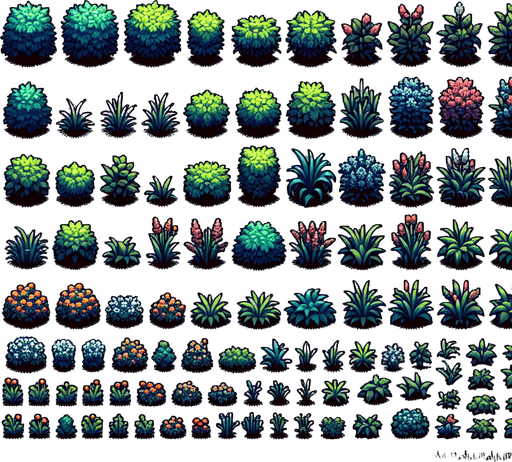 Create a sprite sheet showing various bushes and grass.  The design should exclusively include overhead views. Arrange the components on a dark background, neatly aligning each part in rows and columns for easy identification and use in game development..
Single Game Texture. In-Game asset. 2d. Blank background. High contrast. No shadows.