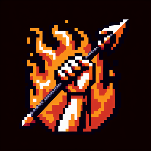 Pixelart. An icon of a an arm holding  javelin with fire around it..
Single Game Texture. In-Game asset. 2d. Blank background. High contrast. No shadows.
