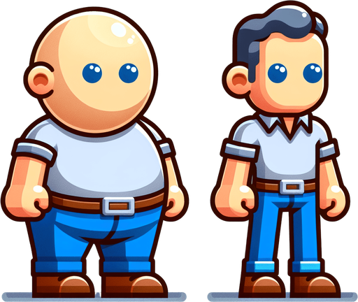 Fat obese Man, next to skinny man. Ball for head. Cartoon 3d. Flat. Clipart  high-detail. In-Game asset. 2d. Blank background. High contrast. No shadows.