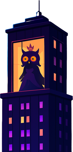 A cinematic 2D cartoon-style night cityscape featuring a tall, dark purple skyscraper with glowing violet lights. From a distant view, on the top floor, a large glass window reveals the silhouette of a mysterious owl princess. She has a crown, flowing dress, and large glowing orange eyes, barely visible behind the glass. The building reflects moonlight, surrounded by other modern towers and misty clouds. The owl silhouette gives a feeling of sorrow or urgency. High detail background, vector-style with vibrant contrast, no shadows, magical atmosphere. Game-ready, dramatic storytelling frame..
In-Game asset.  2d.  High contrast.  No shadows