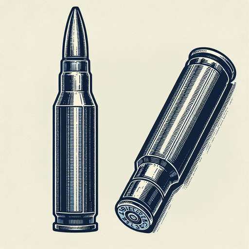 Патрон винтовки.
Single Game Texture. In-Game asset. 2d. Blank background. High contrast. No shadows.