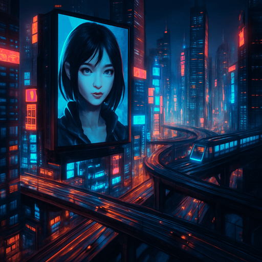 Cyberpunk city. have digital screens and digital girl have black hair talking on it. towers. from above. cars on roads. Trains roads. HD colors.