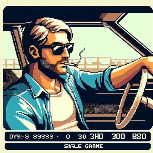 cool looking driver leaned back and holding a car wheel as if he's driving. 30 years old. vintage retro 1980 style. 3/4 view. pixelated. 8 bit. Single Game Texture. In-Game asset. 2d. Blank background. High contrast. No shadows.