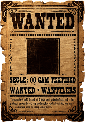 western wanted poster.
Single Game Texture. In-Game asset. 2d. Blank background. High contrast. No shadows.