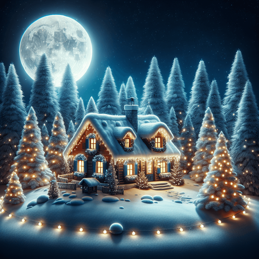 a landscape with santa's house on the left, pines with chistmas lights, snow, at night Background image. 2d. High contrast.