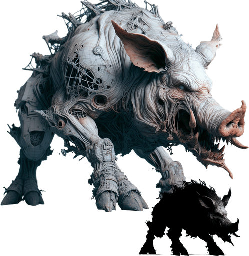 monster pig horrorific.
Single Game Texture. In-Game asset. 2d. Blank background. High contrast. No shadows.
