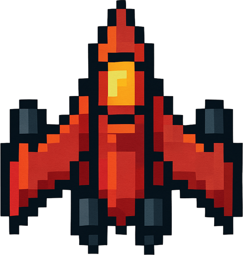 Top down 2d pixilated spaceship.
In-Game asset.  2d.  High contrast.  No shadows