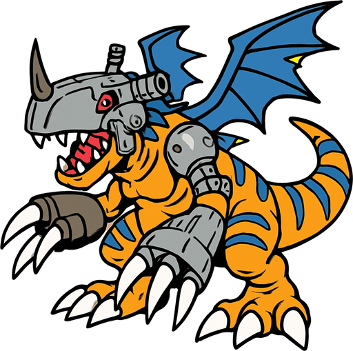 Metalgreymon.
In-Game asset.  2d.  High contrast.  No shadows