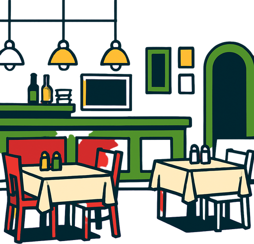 Fond d'écran restaurant.
In-Game asset.  2d.  High contrast.  No shadows