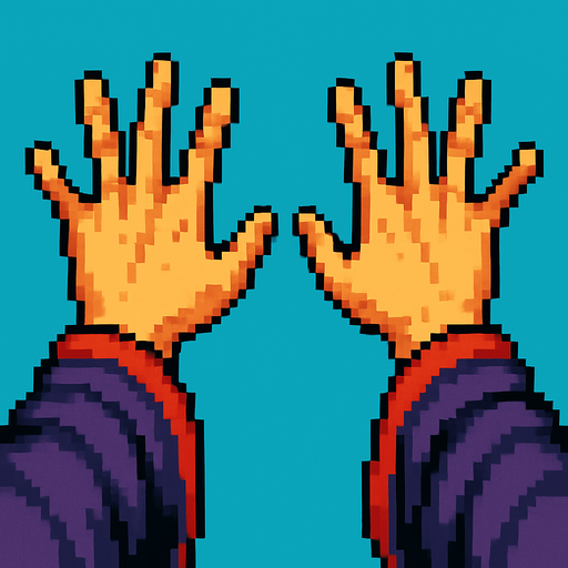 A first person view of set of hands splayed out as if to cast a spell. Facing away. Mystical robes around the wrists.  Pixel art
In-Game asset.  2d.  High contrast.  No shadows