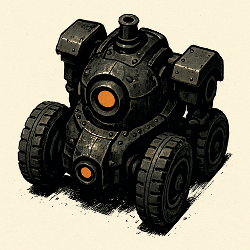 has un robot negro tipo auto steampunk con aspecto desgastado que se mueva con llantas y este en una vista desde arriba

In-Game asset.  2d.  High contrast.  No shadows
