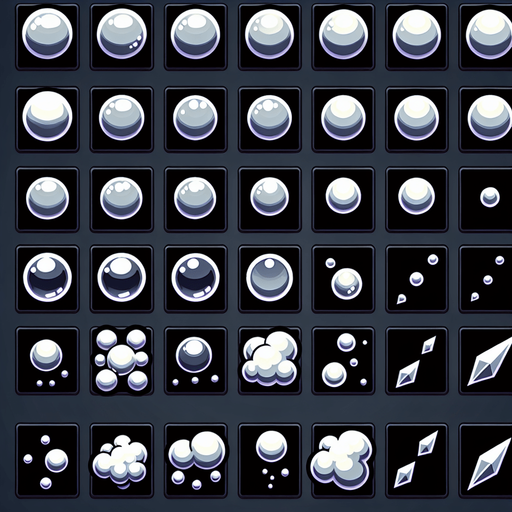Sprite sheets of simple white bubble for bubble shatter game. Many options..
Single Game Texture. In-Game asset. 2d. Blank background. High contrast. No shadows.