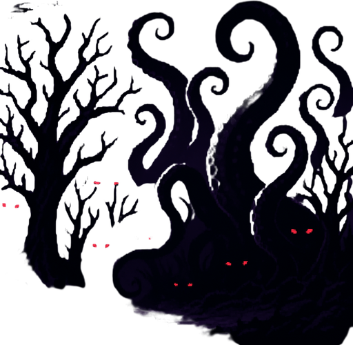 "High-quality 2D pixel art background set at night, with a dark purple atmosphere and eerie lighting. The environment features twisted, dead and infected trees in dark purple and black tones, their branches gnarled like claws. Emerging from the landscape are large, shadowy octopus-like tentacles in shades of violet, wrapping through the trees and terrain. Red glowing eyes are scattered throughout the darkness, hiding within the shadows and between the branches. The scene is ominous and unsettling, perfect for a dark fantasy or horror-themed RPG. Style is detailed 16-bit pixel art, with strong contrast and a moody color palette.
In-Game asset.  2d.  High contrast.  No shadows