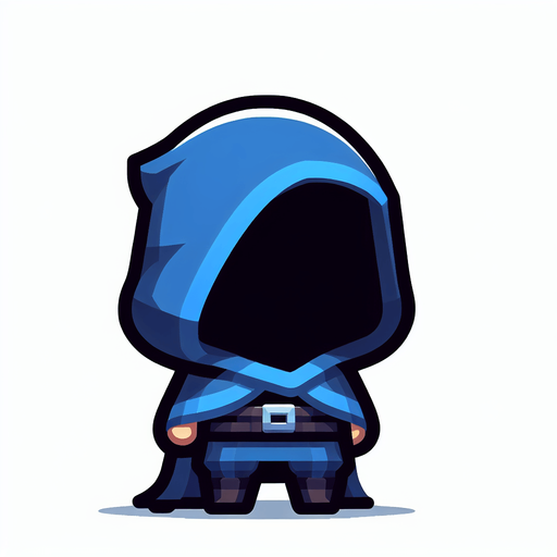 Pessoa pequena de cabelo preto usando capuz azul e calça azul pequena que esconde sua face com o seu capuz.
Single Game Texture. In-Game asset. 2d. Blank background. High contrast. No shadows.