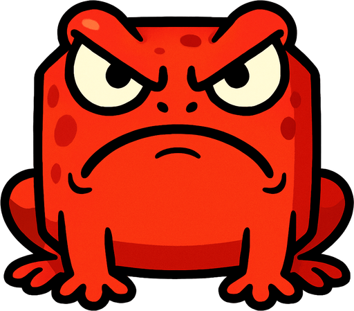 an angry isometric red square bullfrog character for a casual mobile game, facing the camera directly.
In-Game asset.  2d.  High contrast.  No shadows
