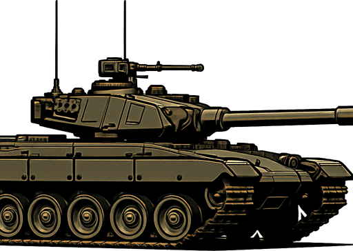 Savaş tankı, gerçekçi, yandan görünüm, yazısız.
In-Game asset.  High contrast.  No shadows