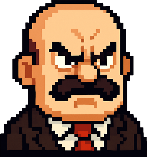 boss bald moustache angry head pixel art 2d..
In-Game asset.  2d.  High contrast.  No shadows