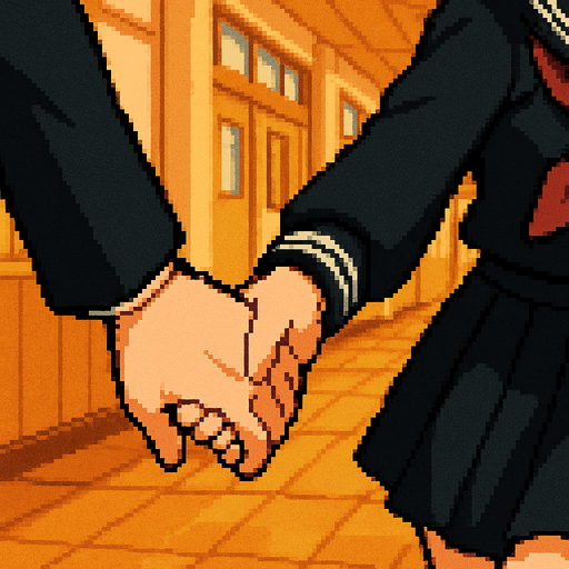 The camera focuses only on their hands. The girl, wearing a traditional Japanese sailor fuku uniform, firmly grabs the hand of the boy, who is dressed in a classic gakuran. She pulls him forward with energy and excitement. His hand follows with slight tension, expressing surprise. Nothing else is shown—just the gesture: a meaningful connection captured in the simple act of their hands intertwined. Behind them stretches a Japanese school hallway, all rendered in a charming Pixel Art style.