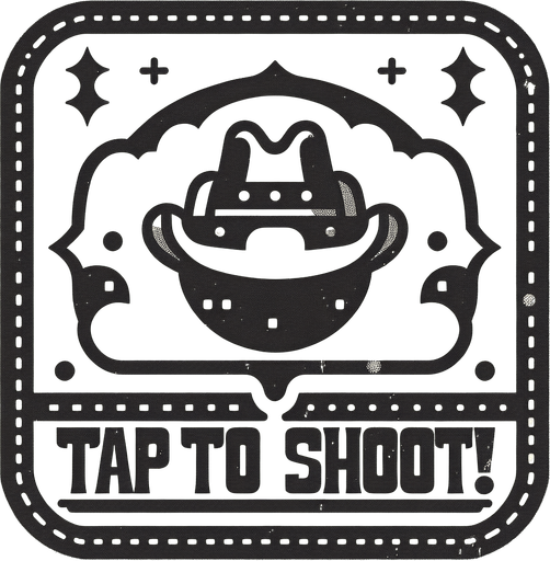 Tap to shoot! in a western style speech bubble..
Single Game Texture. In-Game asset. 2d. Blank background. High contrast. No shadows.