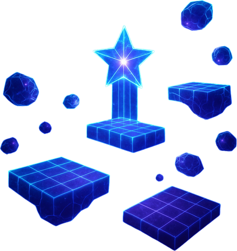 3d hologram neon cyberpunk starlight magick galaxy overlay projection asteroid starfield Platforming magical dimension pathway level obstacle layout videogame