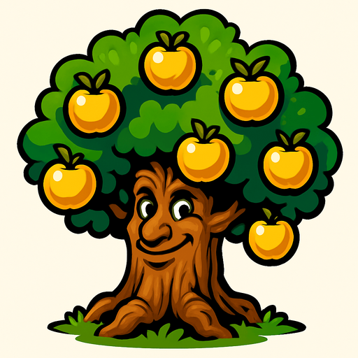 Yüzü olan bir ağaç altın elmalar var.
In-Game asset.  2d.  High contrast.  No shadows