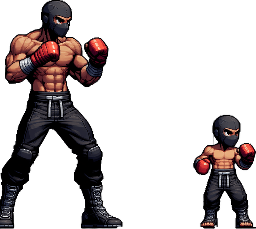 Fighter with 2 fight gloves, full body, mini fighter.
Single Game Texture. In-Game asset. 2d. Blank background. High contrast. No shadows, digital art style