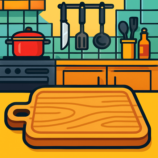 a chopping board with a kitchen background.
In-Game asset.  2d.  High contrast.  No shadows