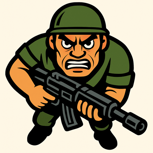 Yukardan bakış asker ve yüz ekle sinirli.
Elinde büyük bir silah var In-Game asset.  2d.  High contrast.  No shadows