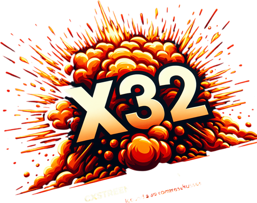 爆炸，里面有“X32”的字样,暖色调.
Single Game Texture. In-Game asset. 2d. Blank background. High contrast. No shadows.