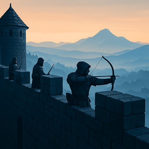 A high medieval castle wall overlooking the land, stone parapets with archers, distant mountains in the fog, early dawn light, realistic.
In-Game asset.  2d.  High contrast.  No shadows